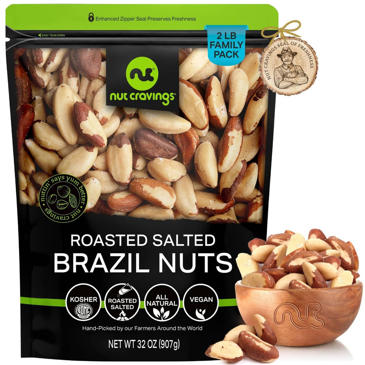 Nut Cravings roasted salted Brazil nuts bag, 2 lb family pack (no shell), with nuts pictured