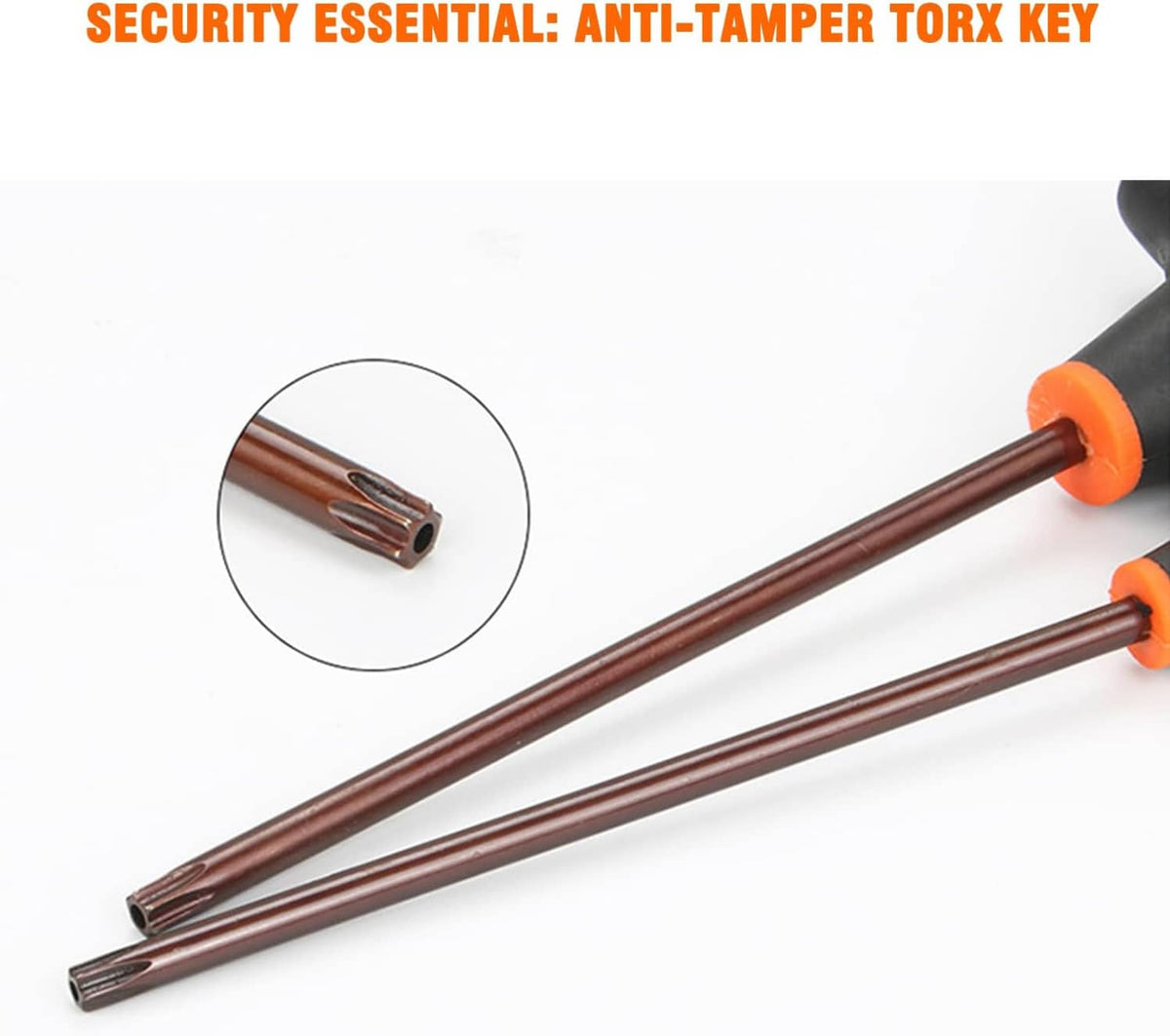 T10 anti-tamper Torx key screwdriver, two brown steel bits with orange collar tips
