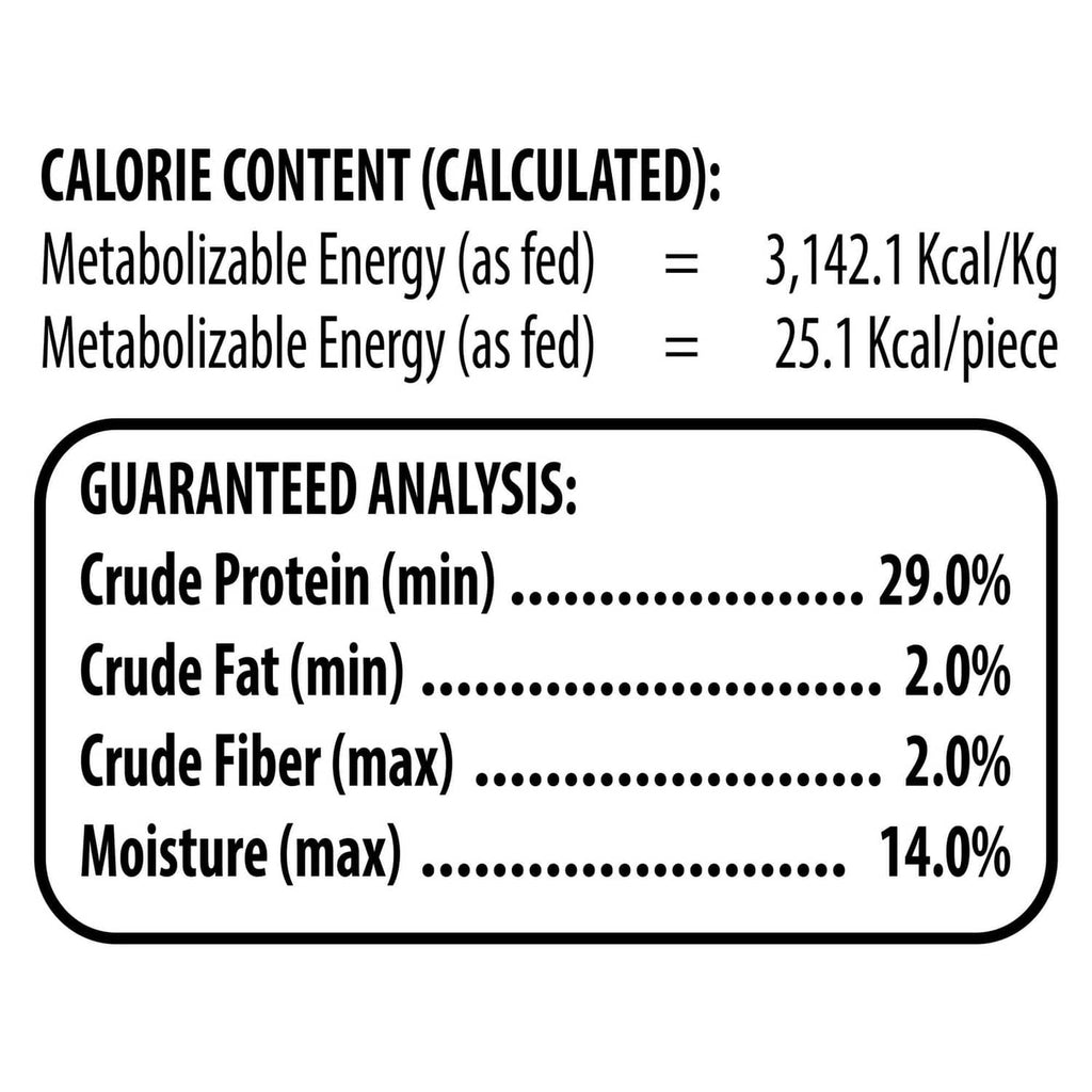 Dog treat bag guaranteed analysis and calorie content label panel with protein and fat