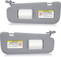 Gray car sun visor pair with mirror windows and mounting clips, front and rear views