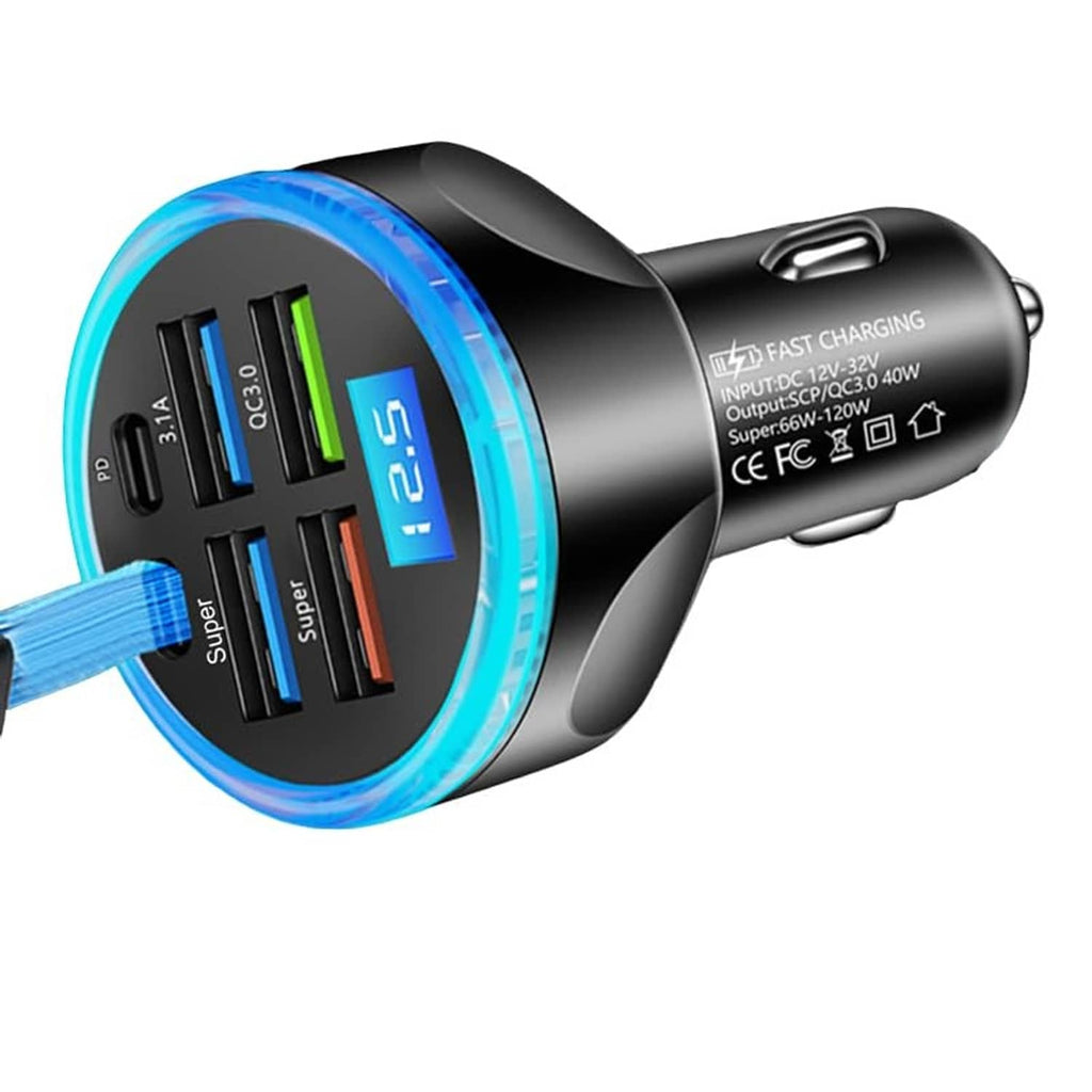 Black car USB C charger adapter showing side ports and blue-ring multiport panel