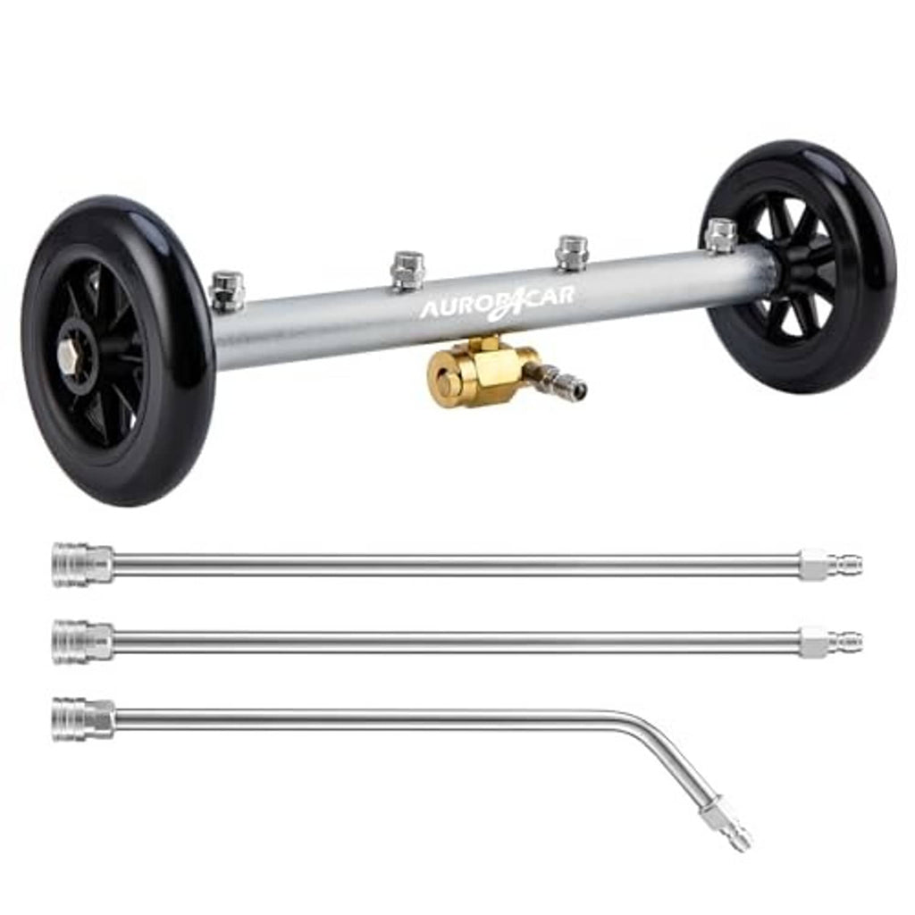 Undercarriage pressure washer attachment with wheels, extension rods, and brass connector