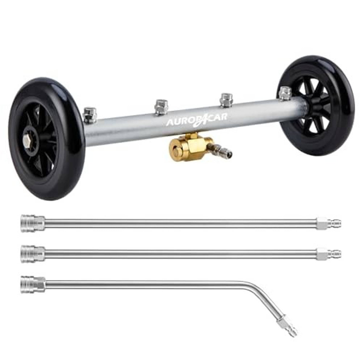 Undercarriage pressure washer attachment with wheels, extension rods, and brass connector