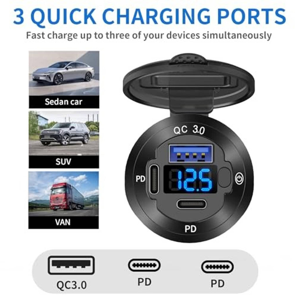 3-port 12V car USB charger with QC 3.0 and PD labels, top cover open
