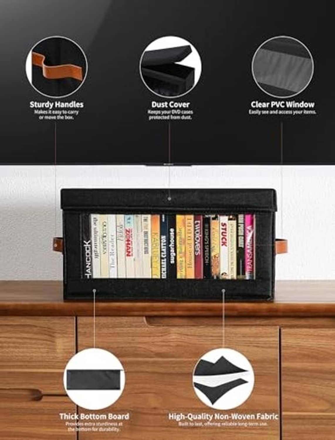 Black DVD storage box with brown handles, dust cover, and clear PVC window