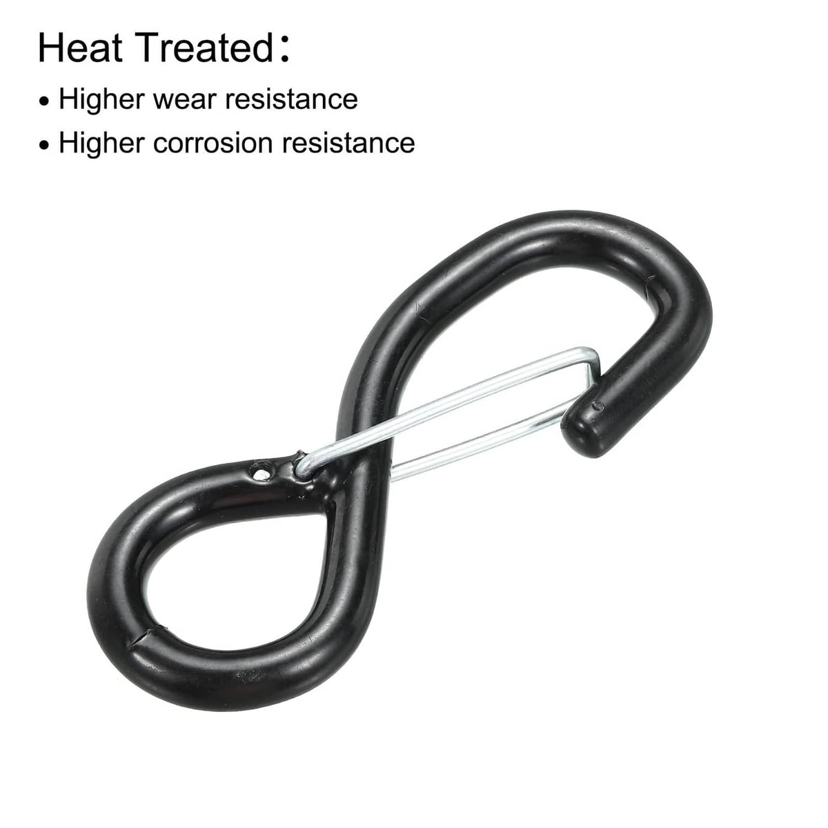 Black rubber S hook with latch, silver crossbar, heat-treated steel hardware