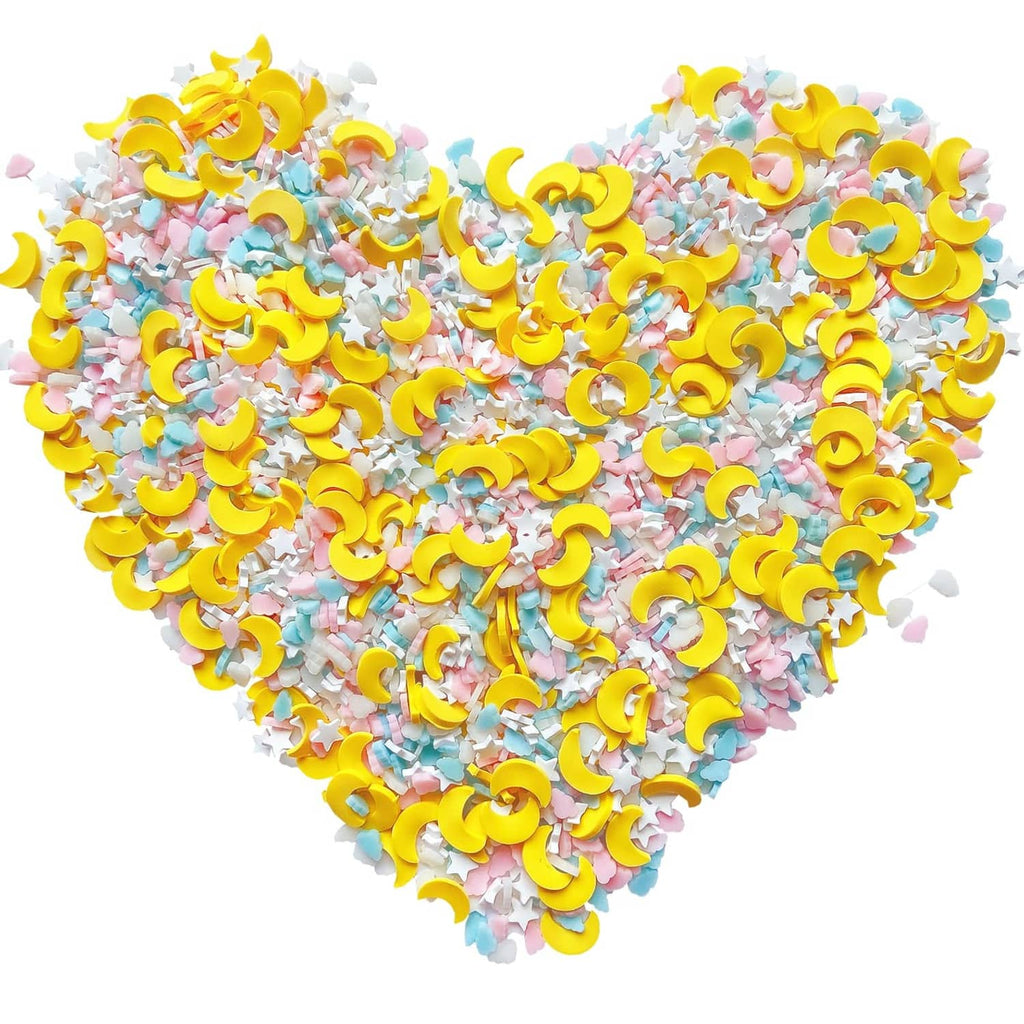 Small resin sprinkle mix with yellow moons, pastel clouds, and white stars