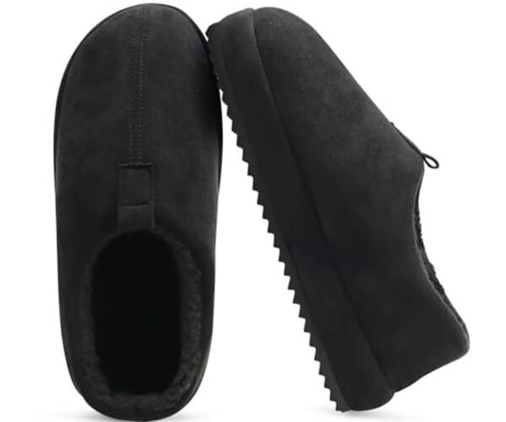 Black suede-look clog slippers, side-by-side view with plush inner lining
