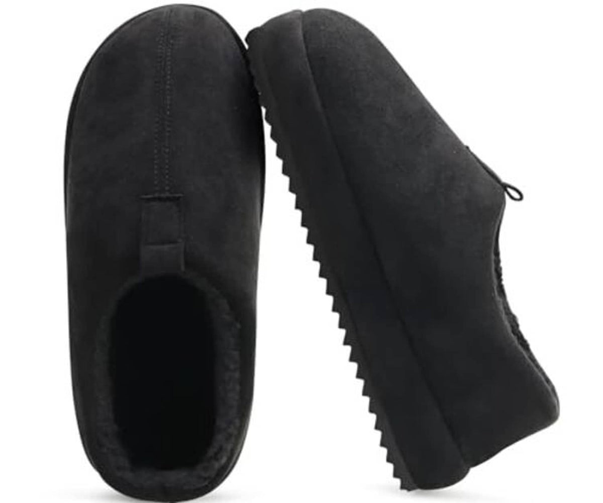 Black suede-look clog slippers, side-by-side view with plush inner lining