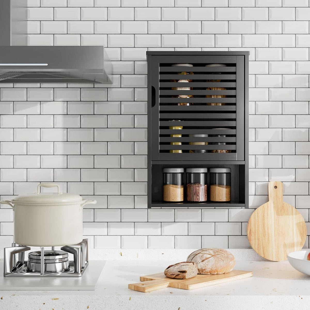 Wall-mounted bathroom storage cabinet with slatted door and spice jars on shelves