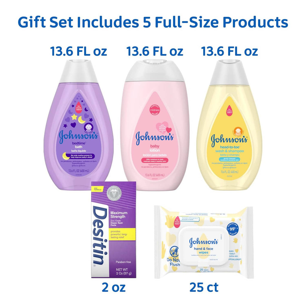 Baby gift set featuring 3 full-size bottles, Desitin tube, and hand & face wipes