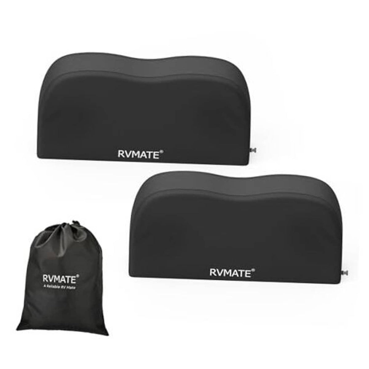 Black dual axle wheel covers with RVMATE logo; includes storage bag