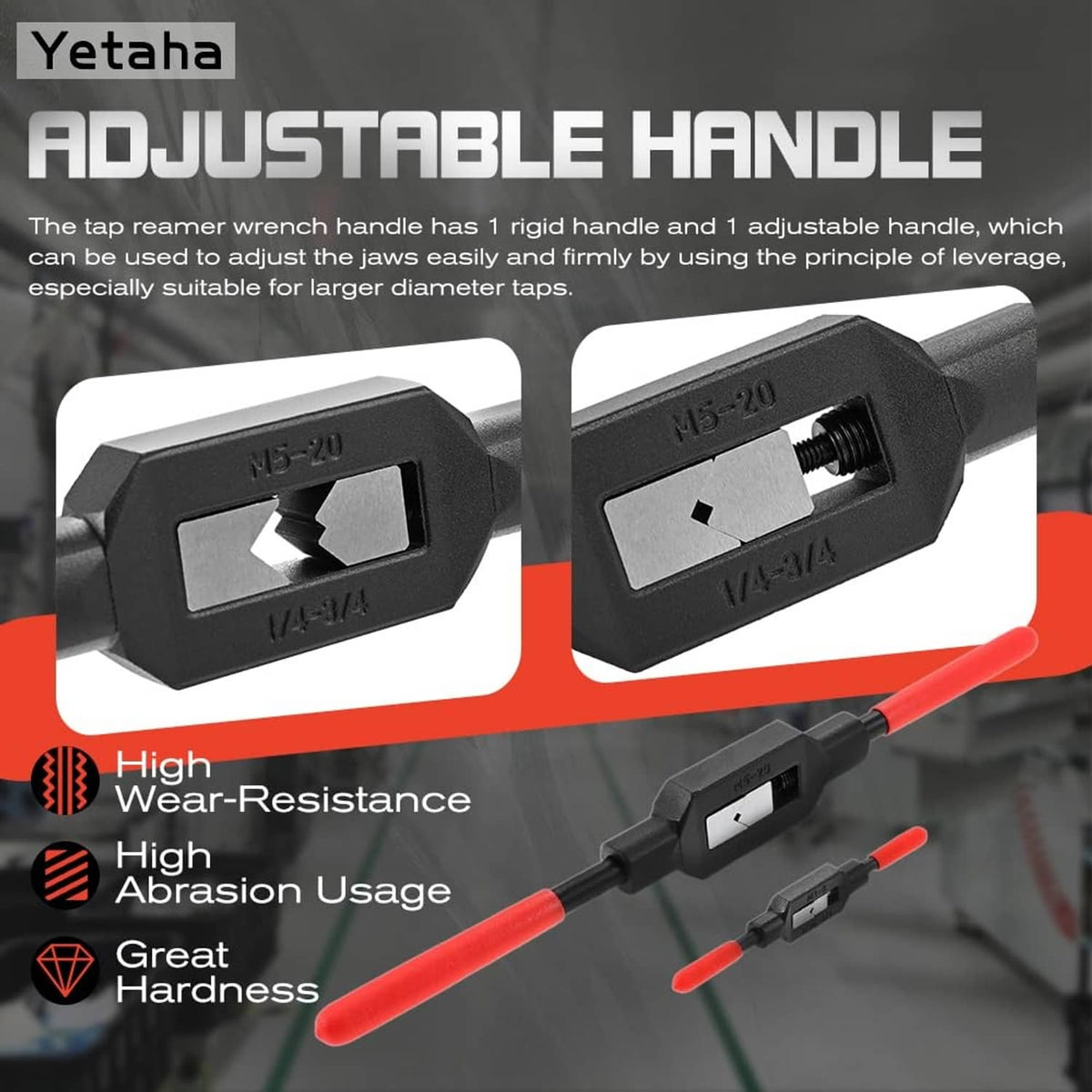 Black adjustable tap wrench handle with hex jaw opening and red rod handles