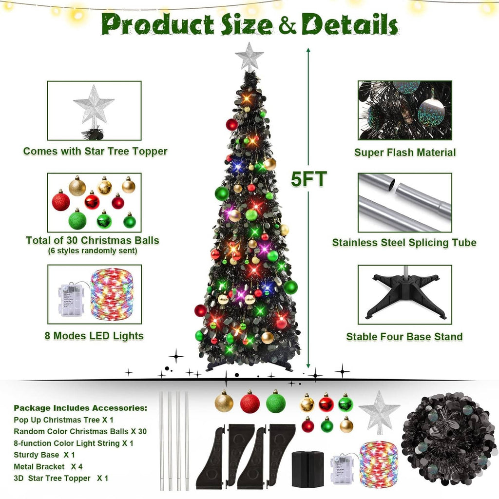 5ft black tinsel Christmas tree with star topper and multicolor LED lights, detail view