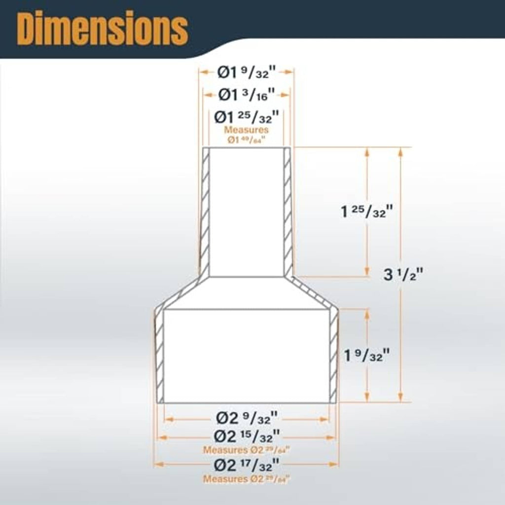 Hose reducer dimensions diagram with inlet and outlet opening measurements
