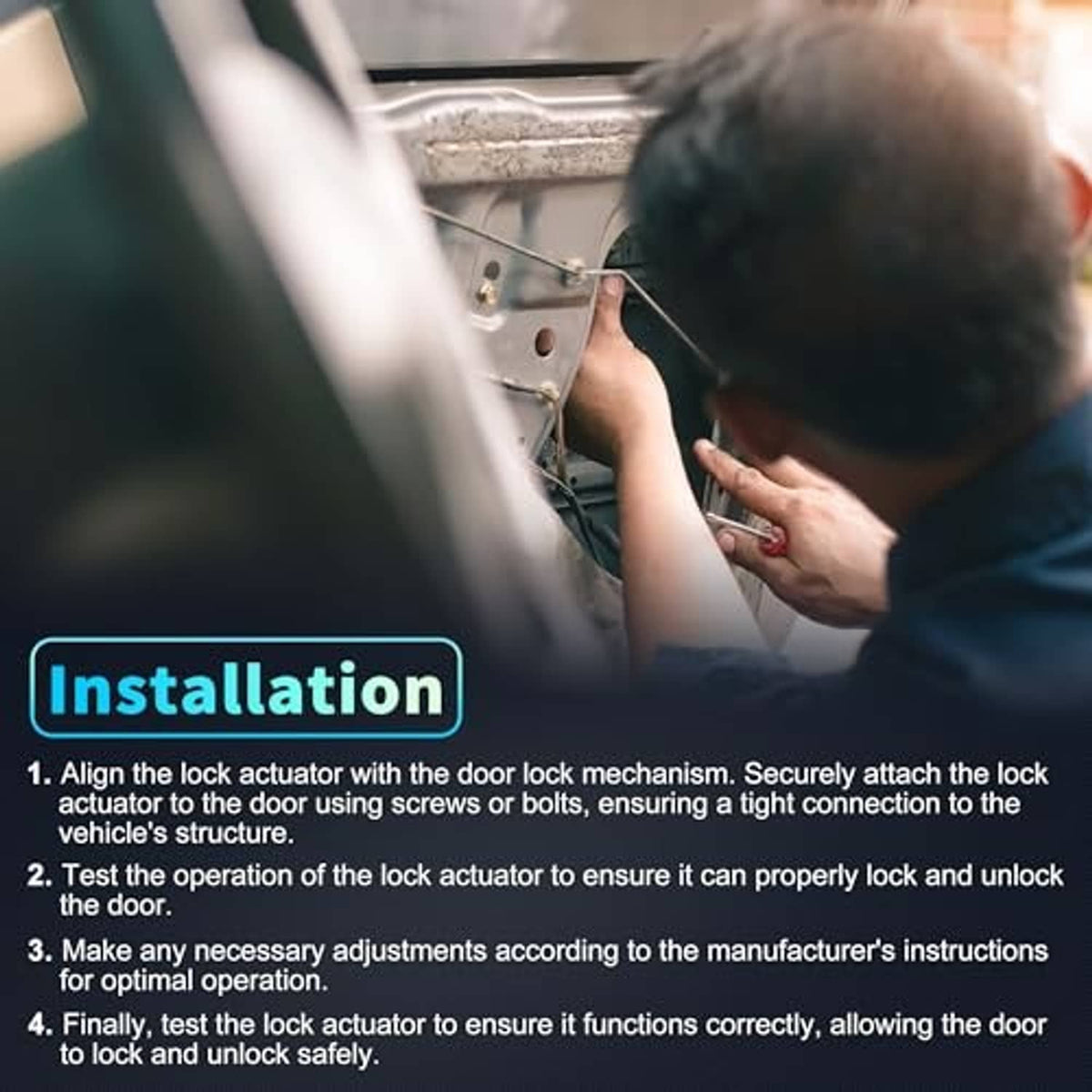 Door lock actuator installation shows mounting bracket and attachment point on door edge