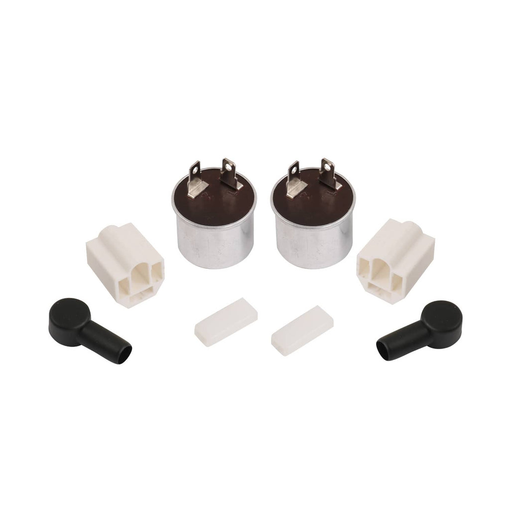 Wiring harness components with two round relays, wire terminals, and white plastic blocks