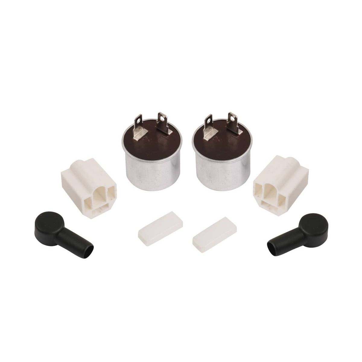 Wiring harness components with two round relays, wire terminals, and white plastic blocks