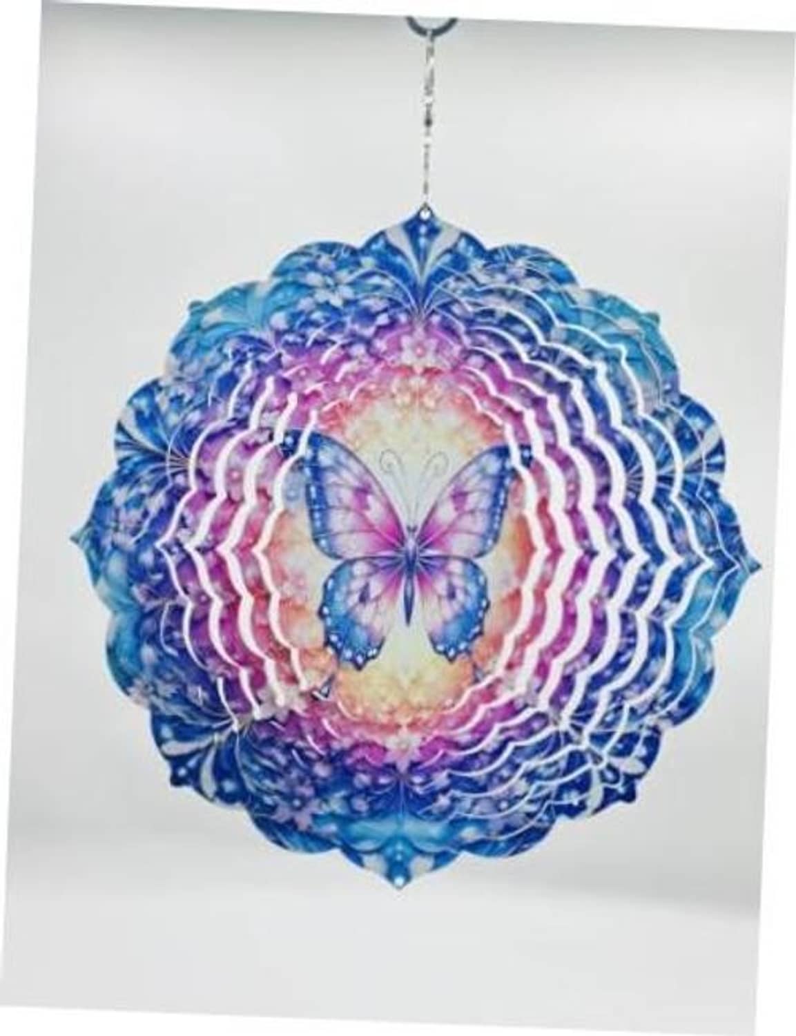 Blue and purple butterfly floral wind spinner with hanging hook and chain