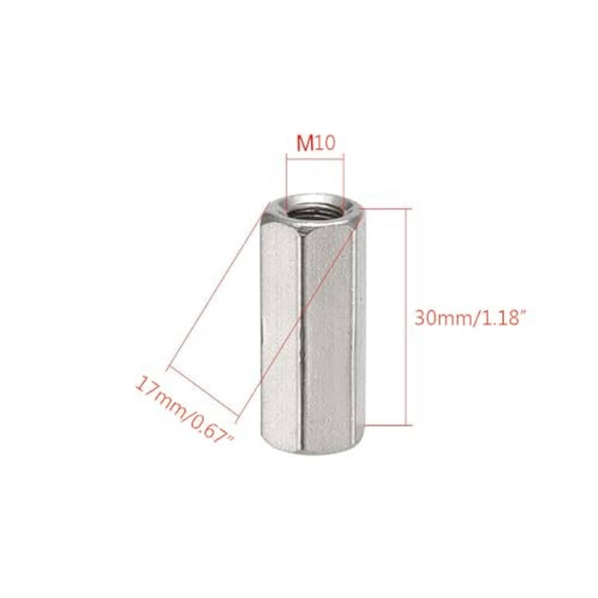 Stainless steel hex extension nut, M10 thread, 30mm length dimension view