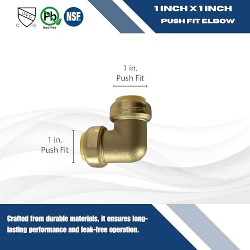1-inch push-fit elbow fitting with size measurement diagram and graphic header