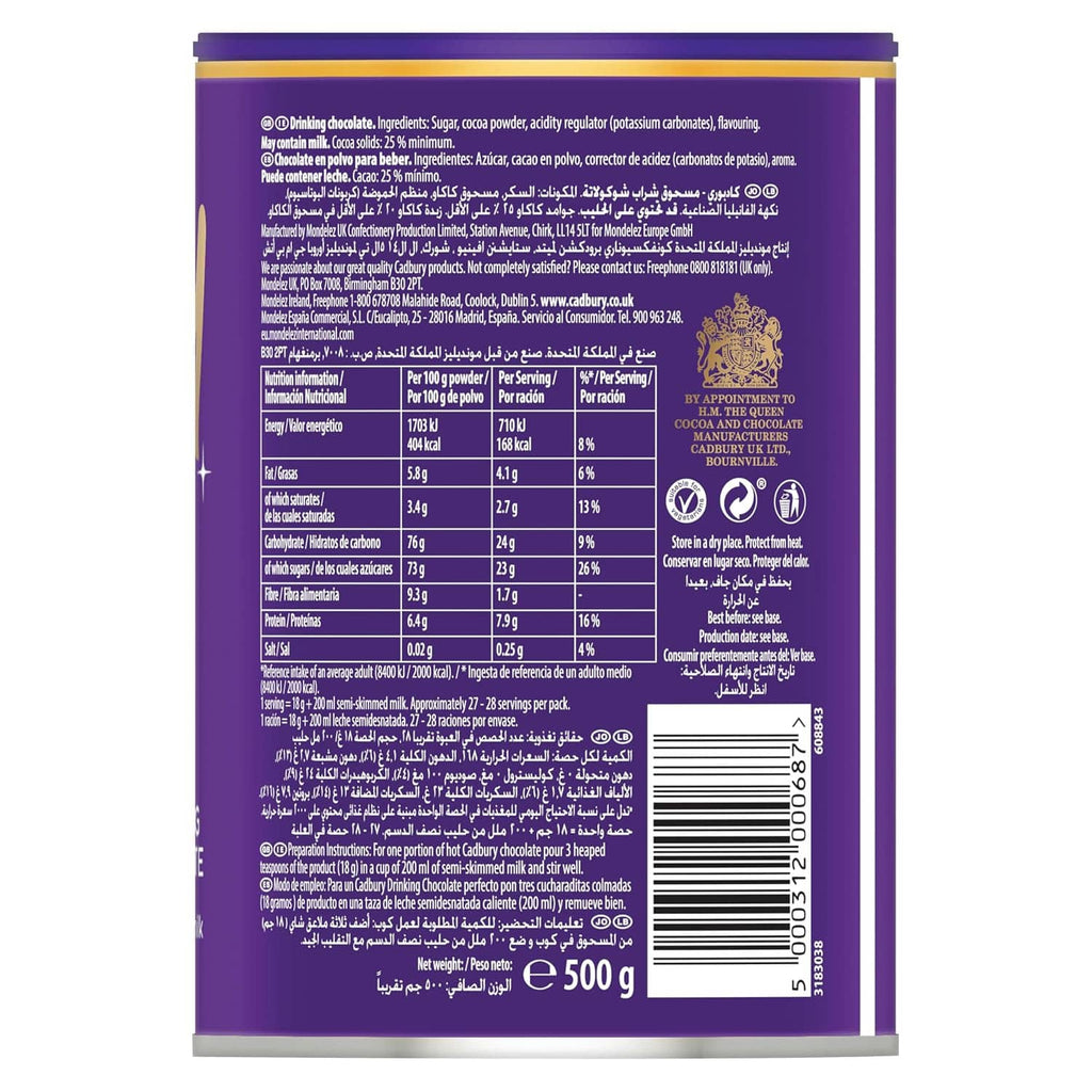 Cadbury hot chocolate tin back panel with nutrition and ingredient information