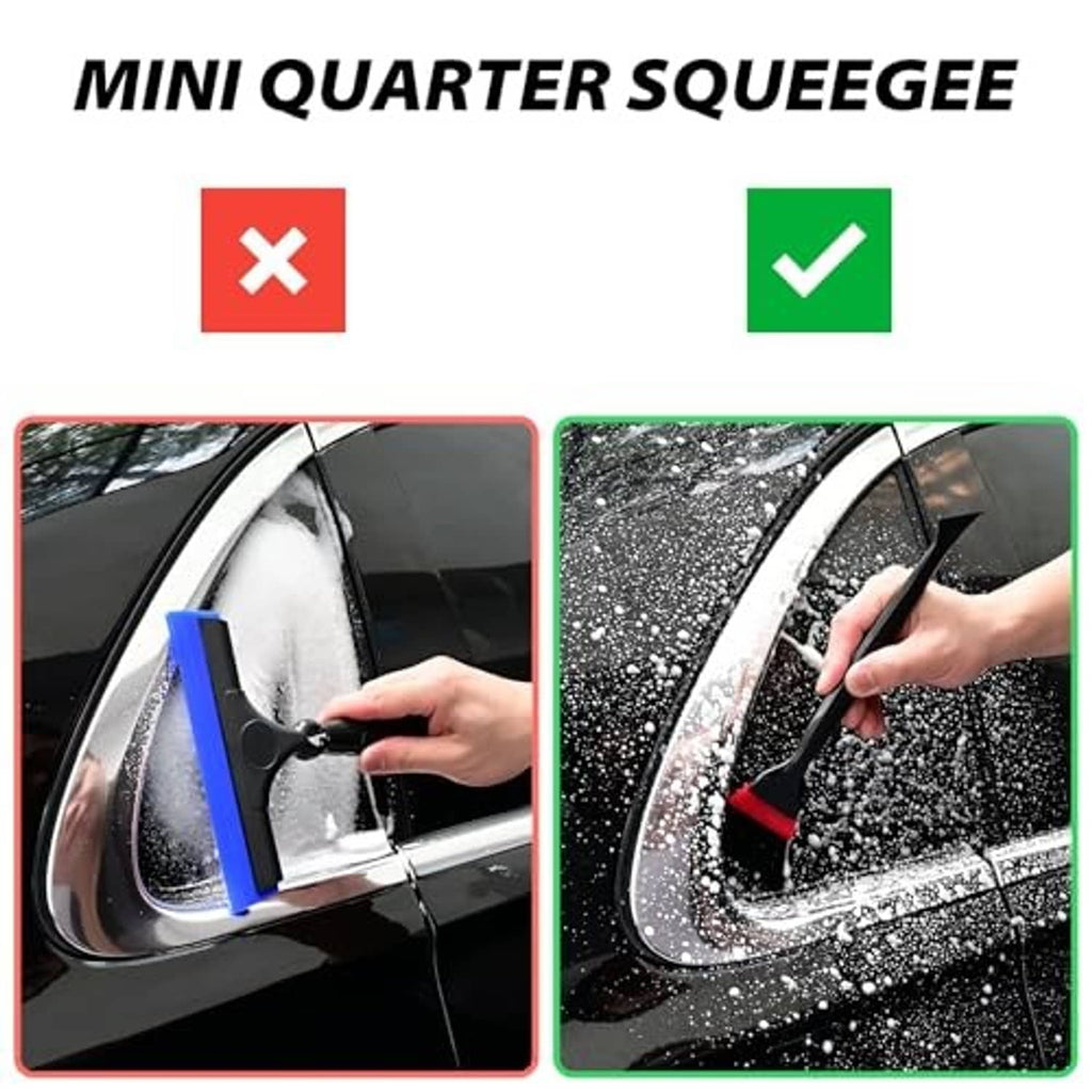 Quarter squeegee tool with red rubber edge, smoothing window tint on a car