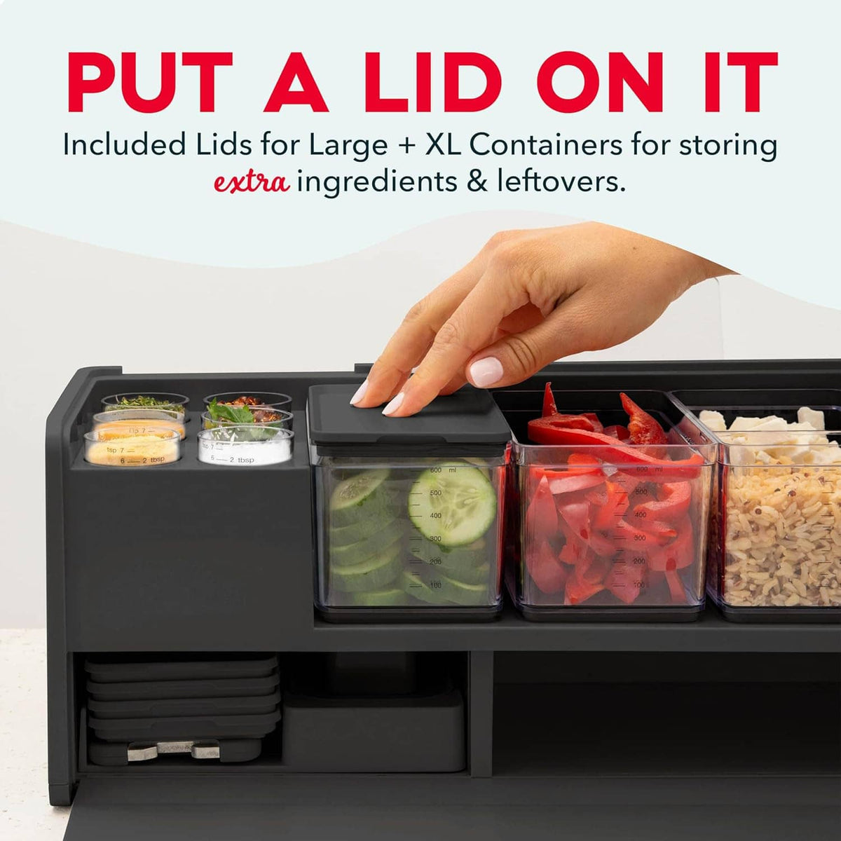 Black prep station with containers and included lids, showing stored ingredients