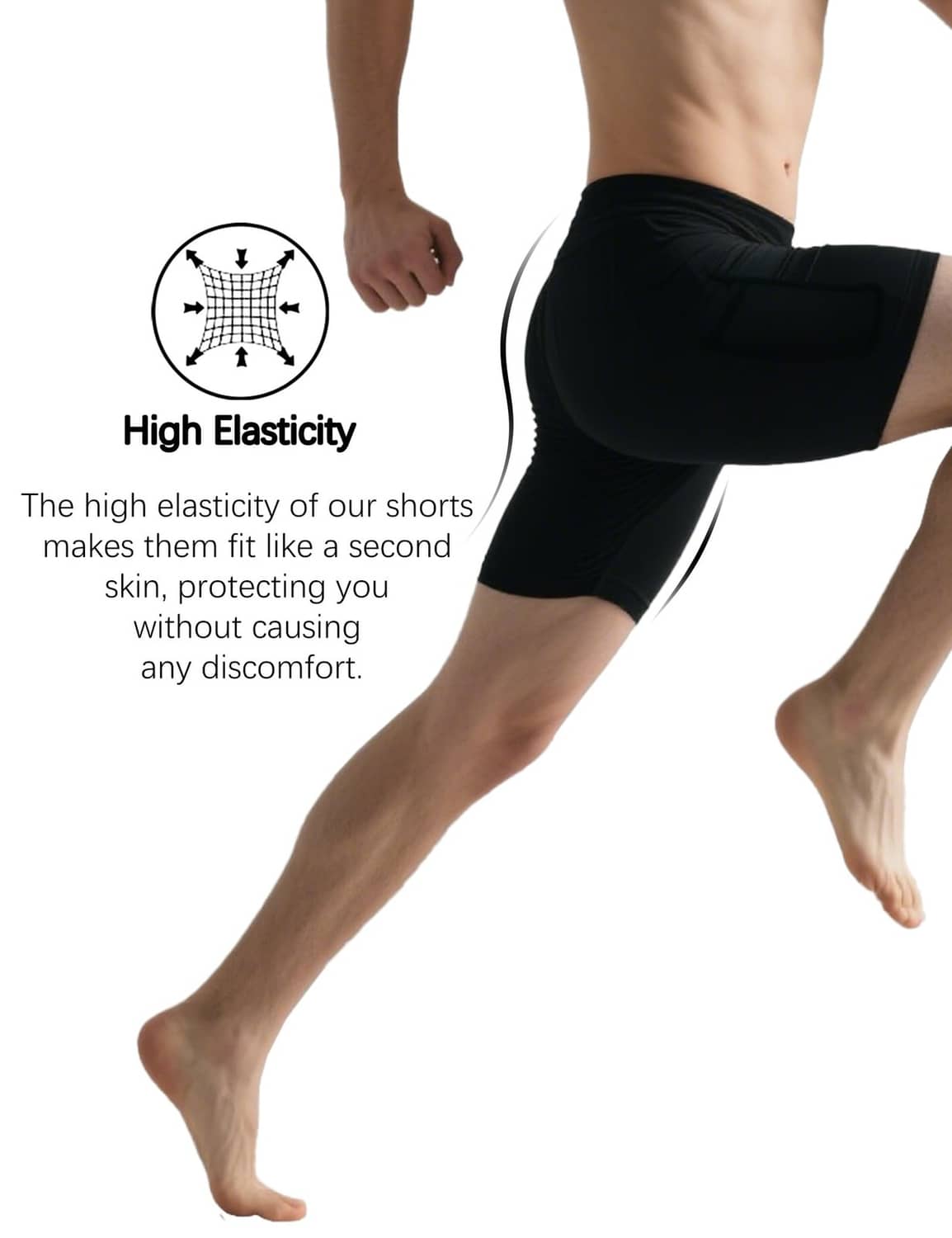 Men's black compression shorts with pocket, high-elastic fit, mid-thigh length