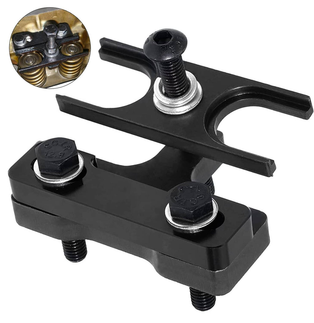 Valve spring compressor tool with black handle bar and threaded screw posts