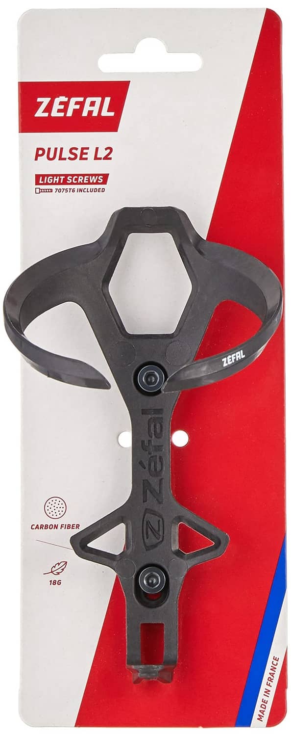 Zefal Pulse L2 bicycle bottle cage in black, shown on retail package