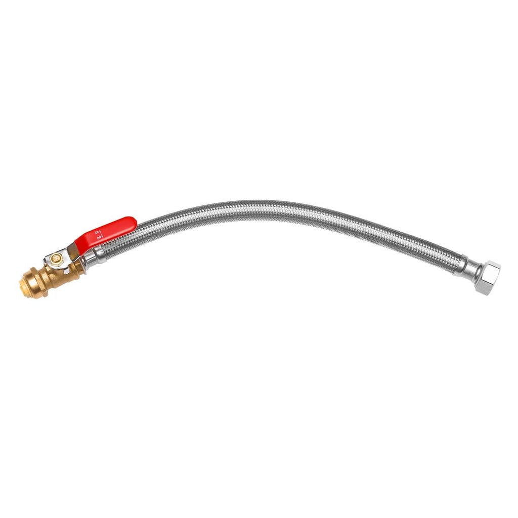 Stainless braided water heater hose with brass fittings and red lever ball valve
