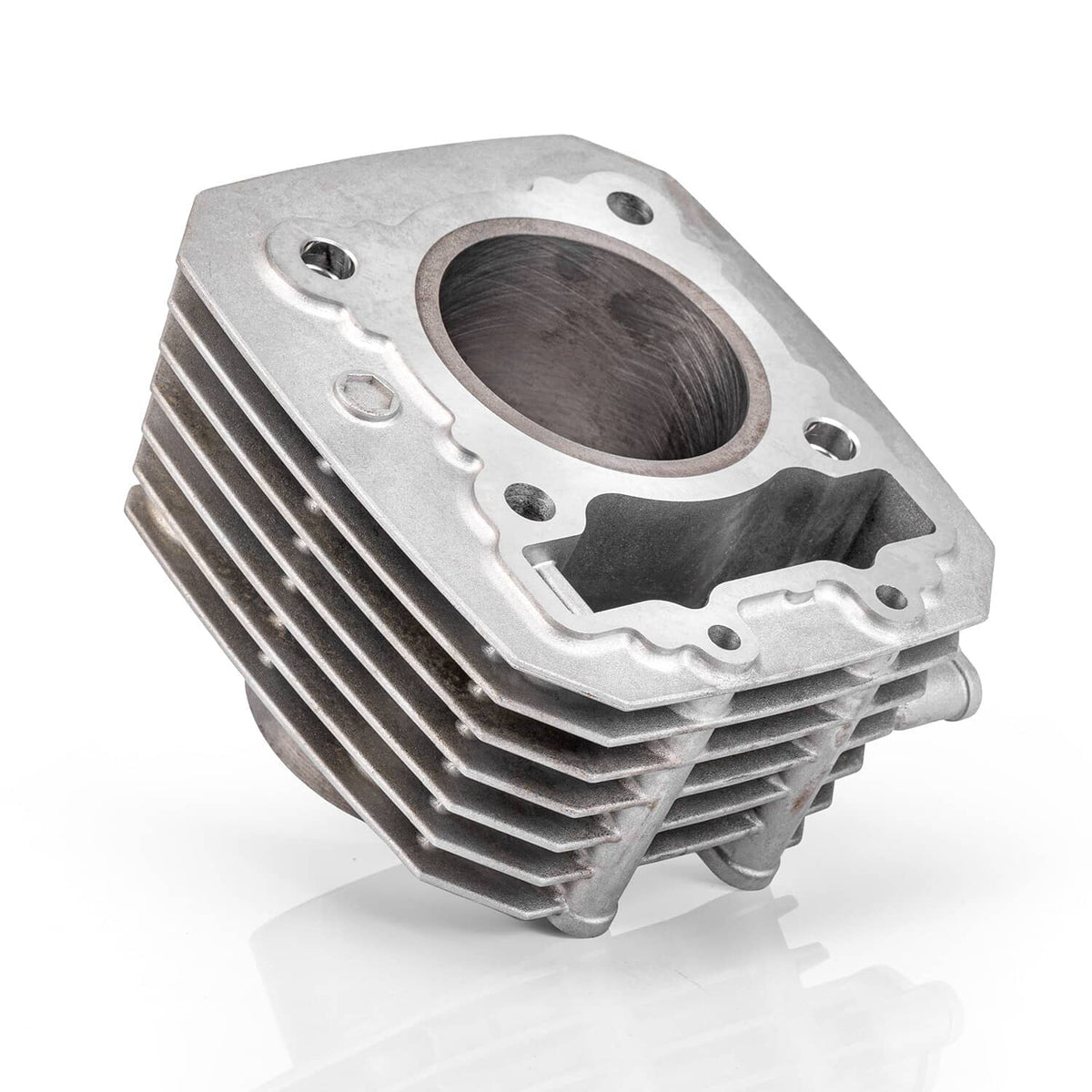 Aluminum engine cylinder head with machined bore and cooling fins