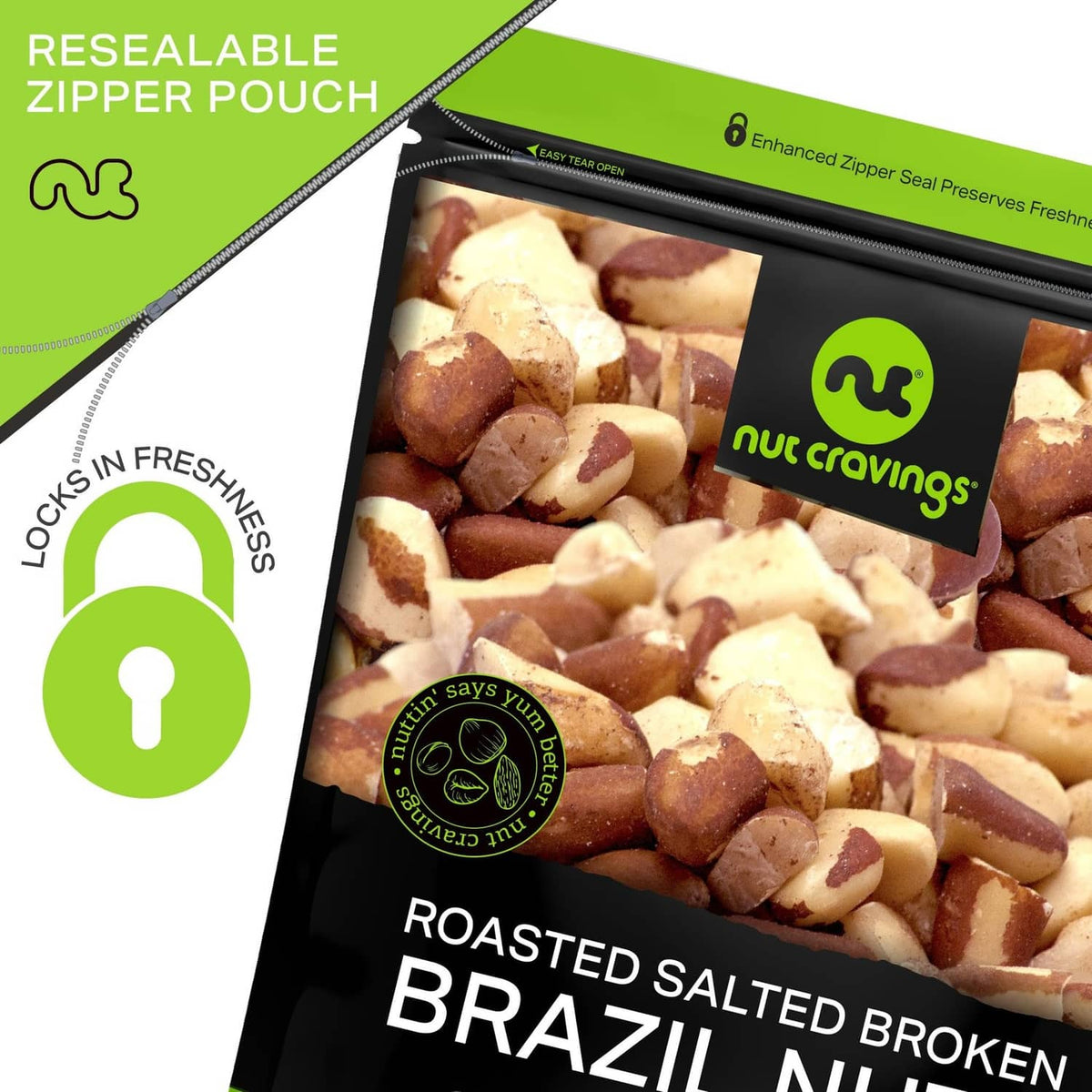 Resealable zipper pouch of roasted salted broken Brazil nuts with visible nut pieces