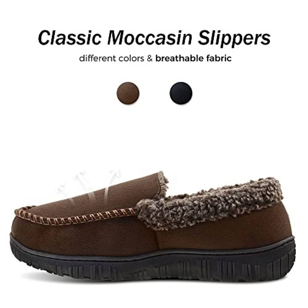 Brown moccasin slippers with curled fuzzy collar lining and contrast-stitched seam