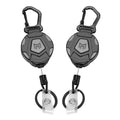 Retractable badge keychain with black carabiner, retracting cord, and clear badge holder