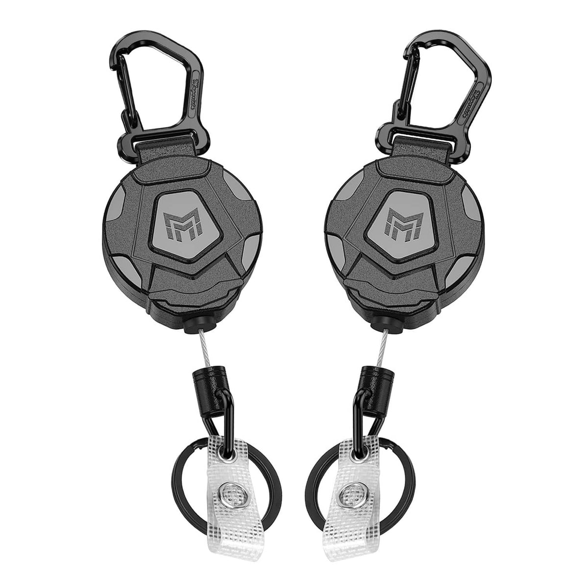 Retractable badge keychain with black carabiner, retracting cord, and clear badge holder
