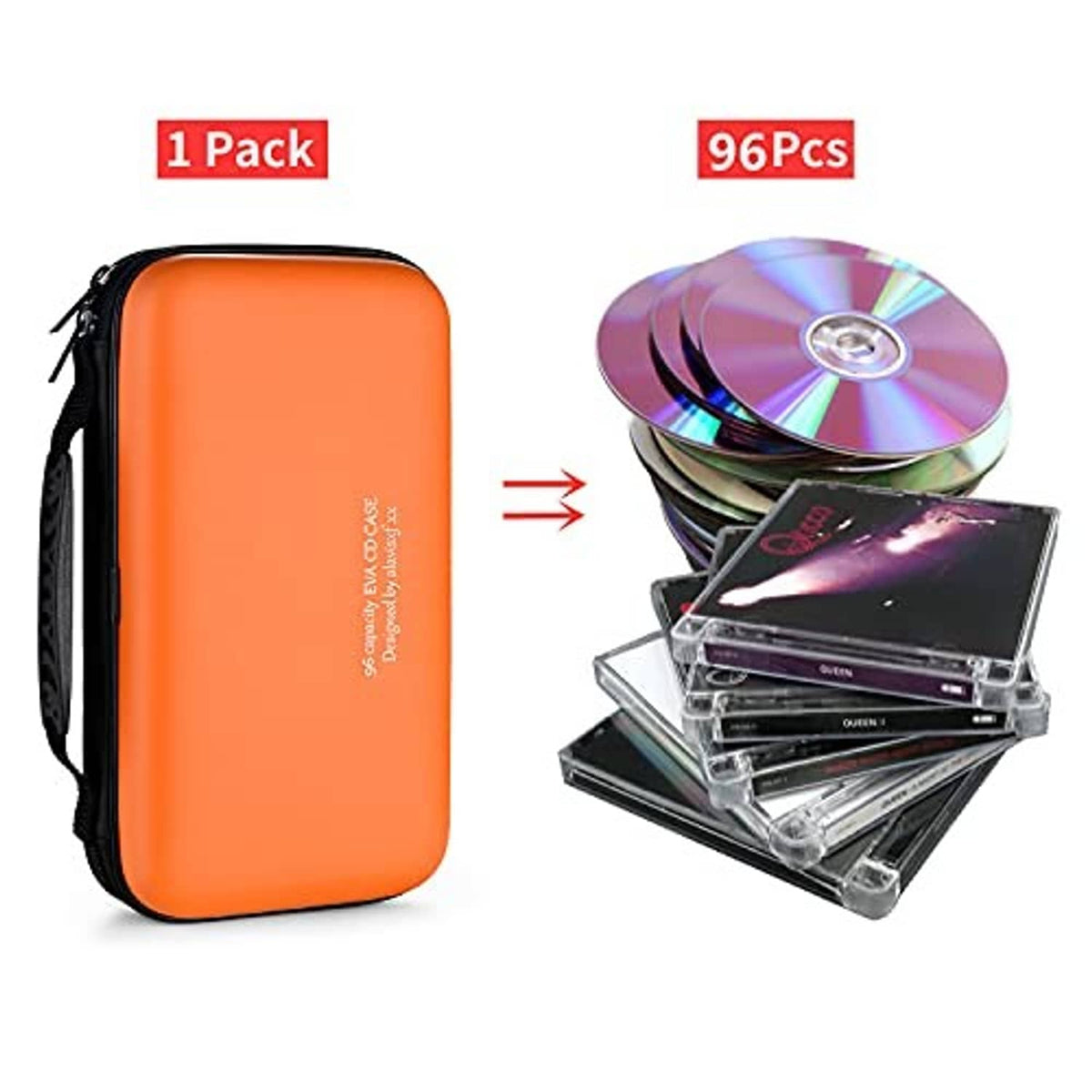 Orange 96-disc hard case with black zipper; shows CDs stored in clear sleeves