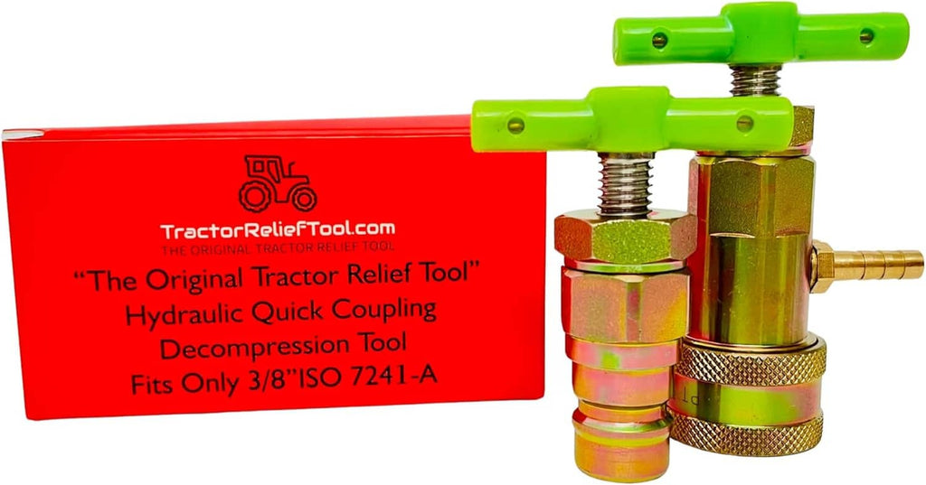 Hydraulic quick coupling with green handles and brass body beside red product box
