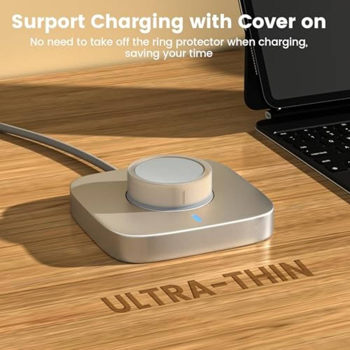Charging base with light-colored silicone ring cover placed on top