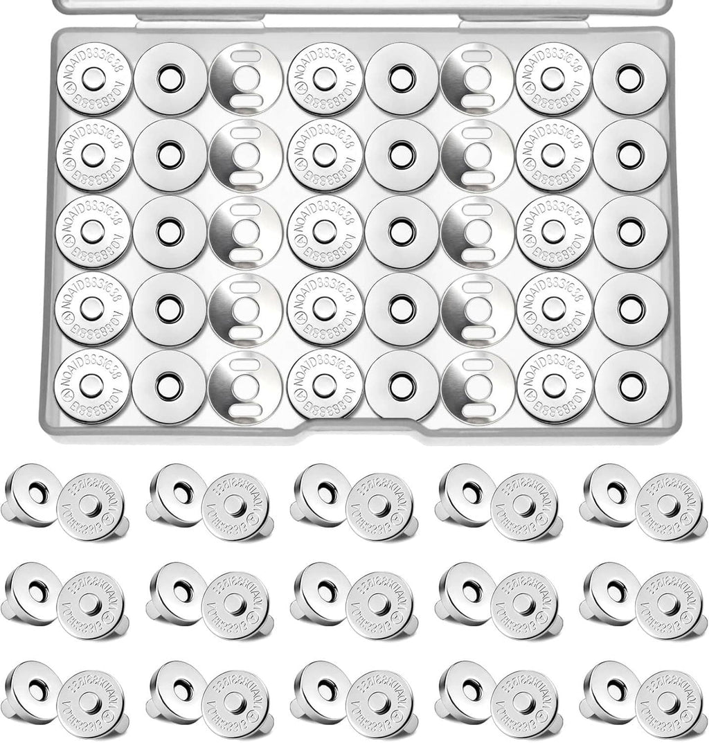 Magnetic snap fasteners set: silver round snaps and curved clips arranged in a storage tray