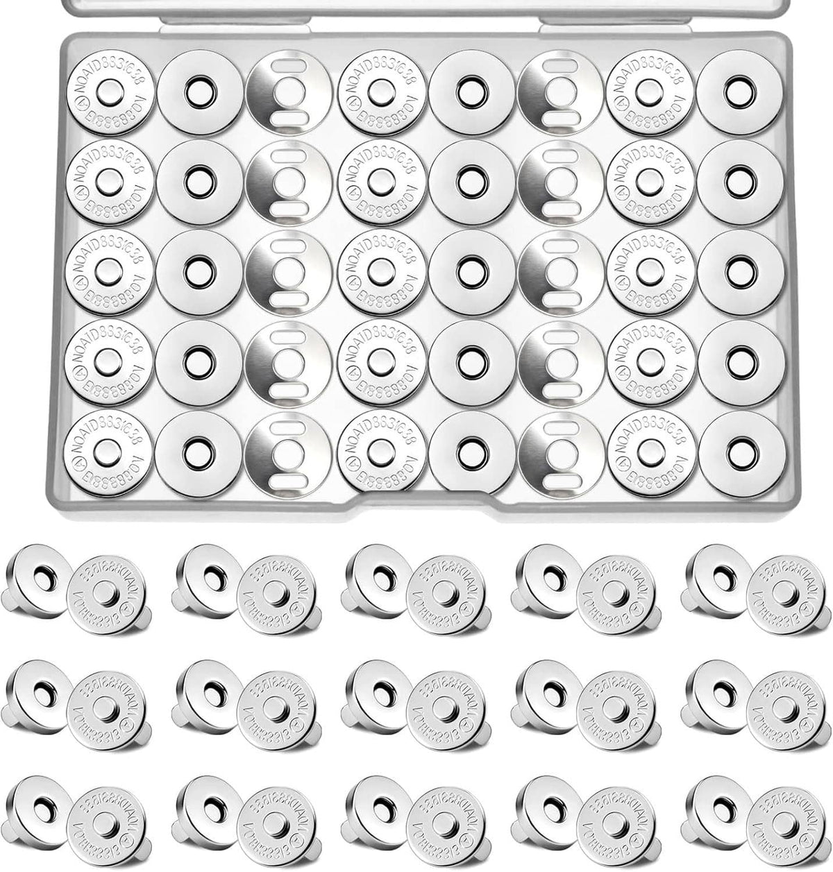 Magnetic snap fasteners set: silver round snaps and curved clips arranged in a storage tray