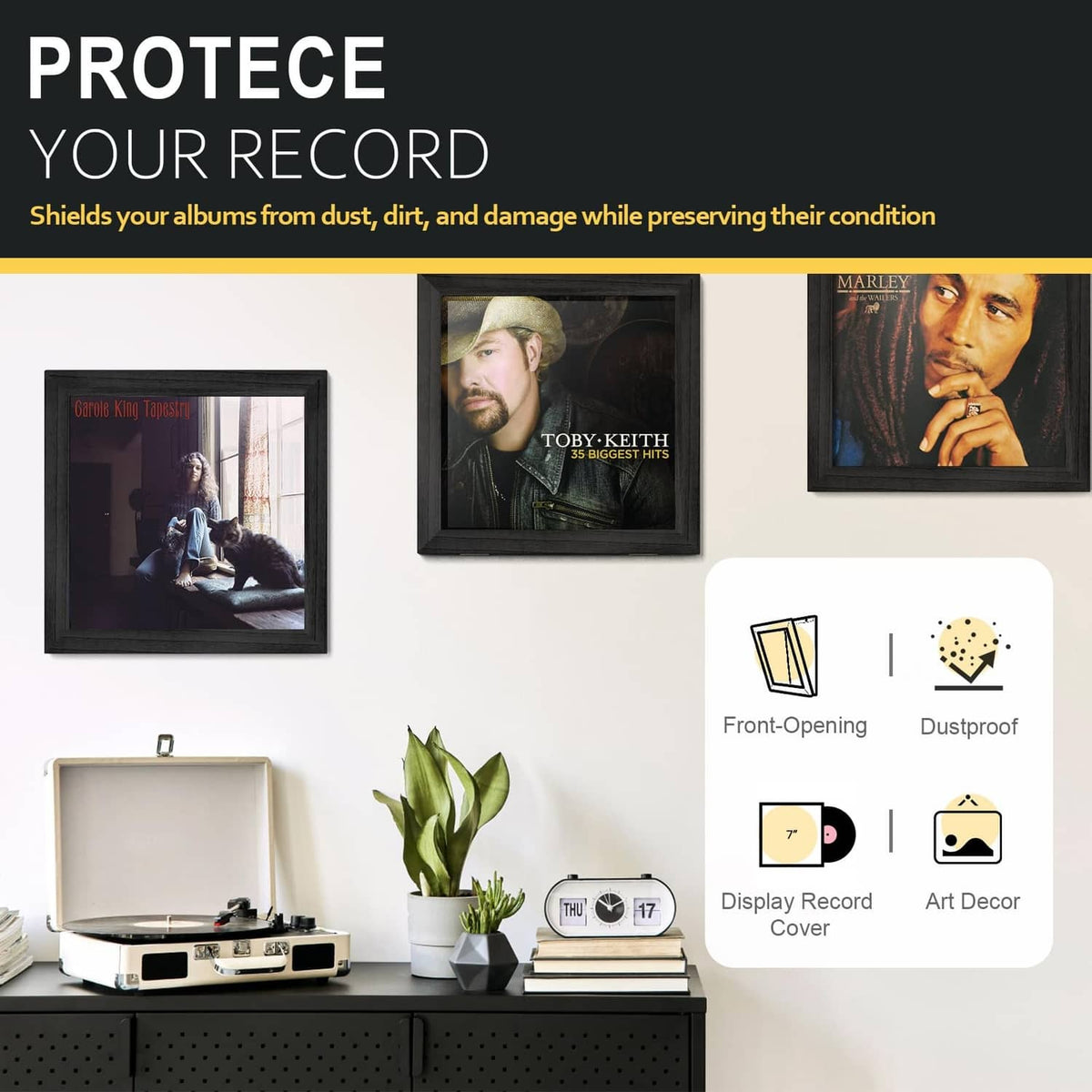 Black 12x12 vinyl record frame set for protecting and showcasing album covers