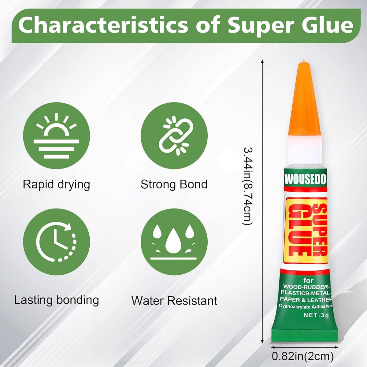 Super glue tube with orange tip and icons for rapid drying and strong bonding