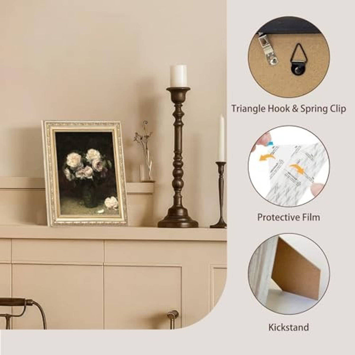 Ornate gold 8x10 picture frame with triangle hook clip, protective film, and kickstand