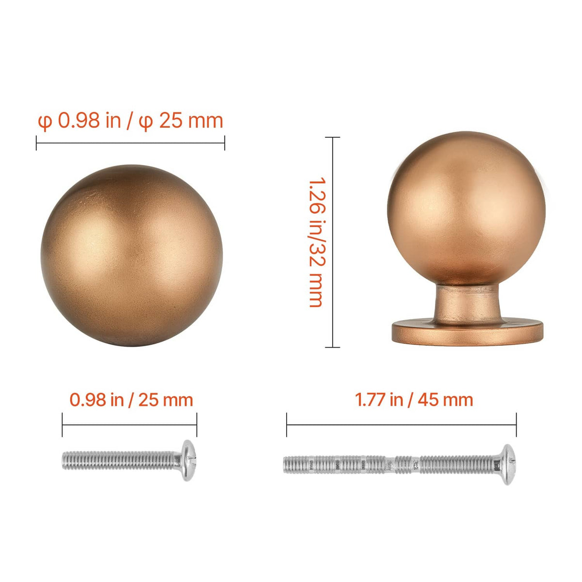 Round cabinet knob size chart with screw lengths, antique brass finish