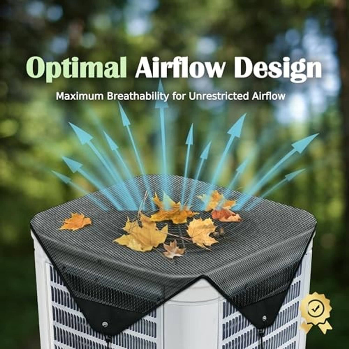 Outdoor AC unit mesh cover on condenser, dark breathable top with scattered fall leaves.