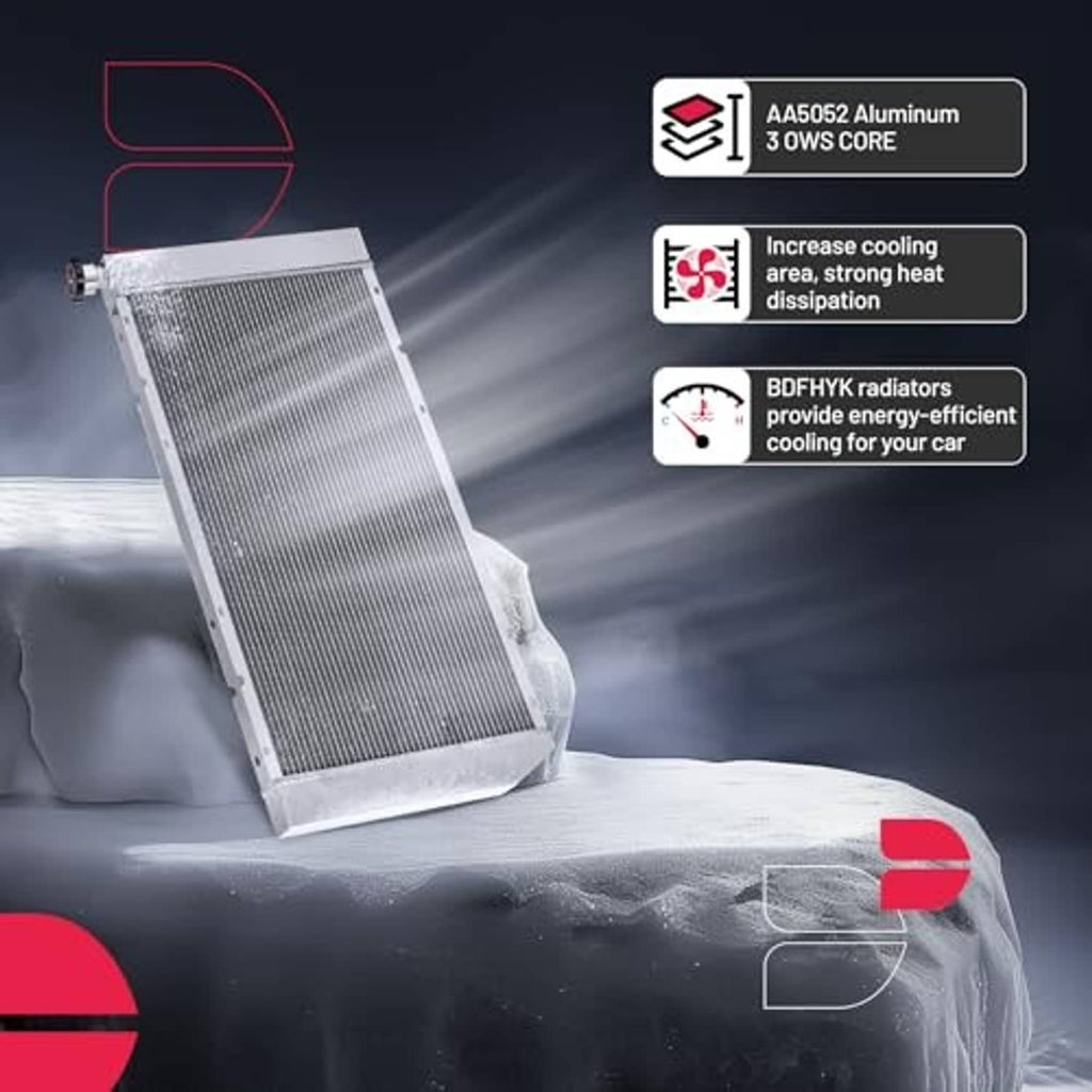 Aluminum radiator angled view with barbed top fittings and dense cooling core fins