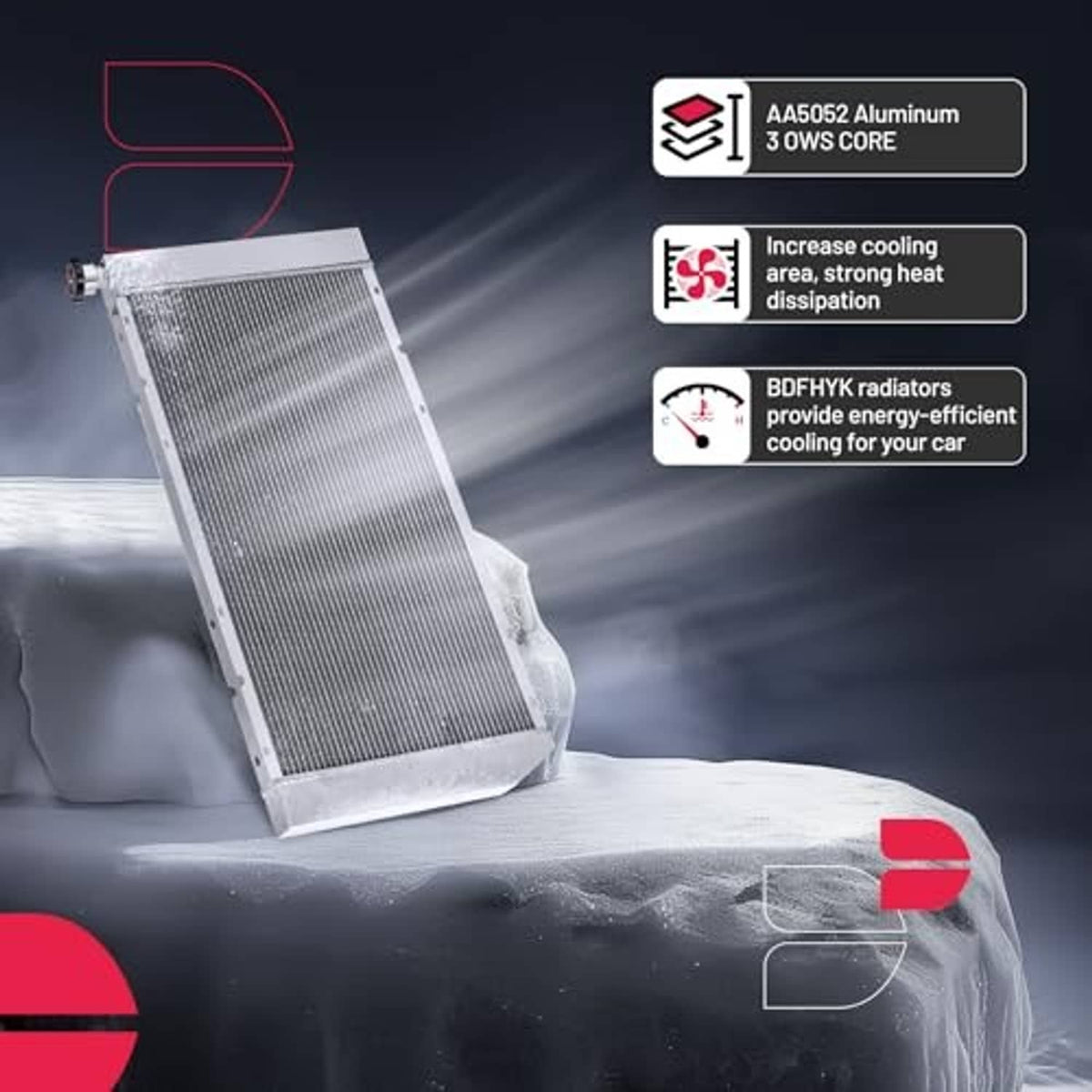 Aluminum radiator angled view with barbed top fittings and dense cooling core fins