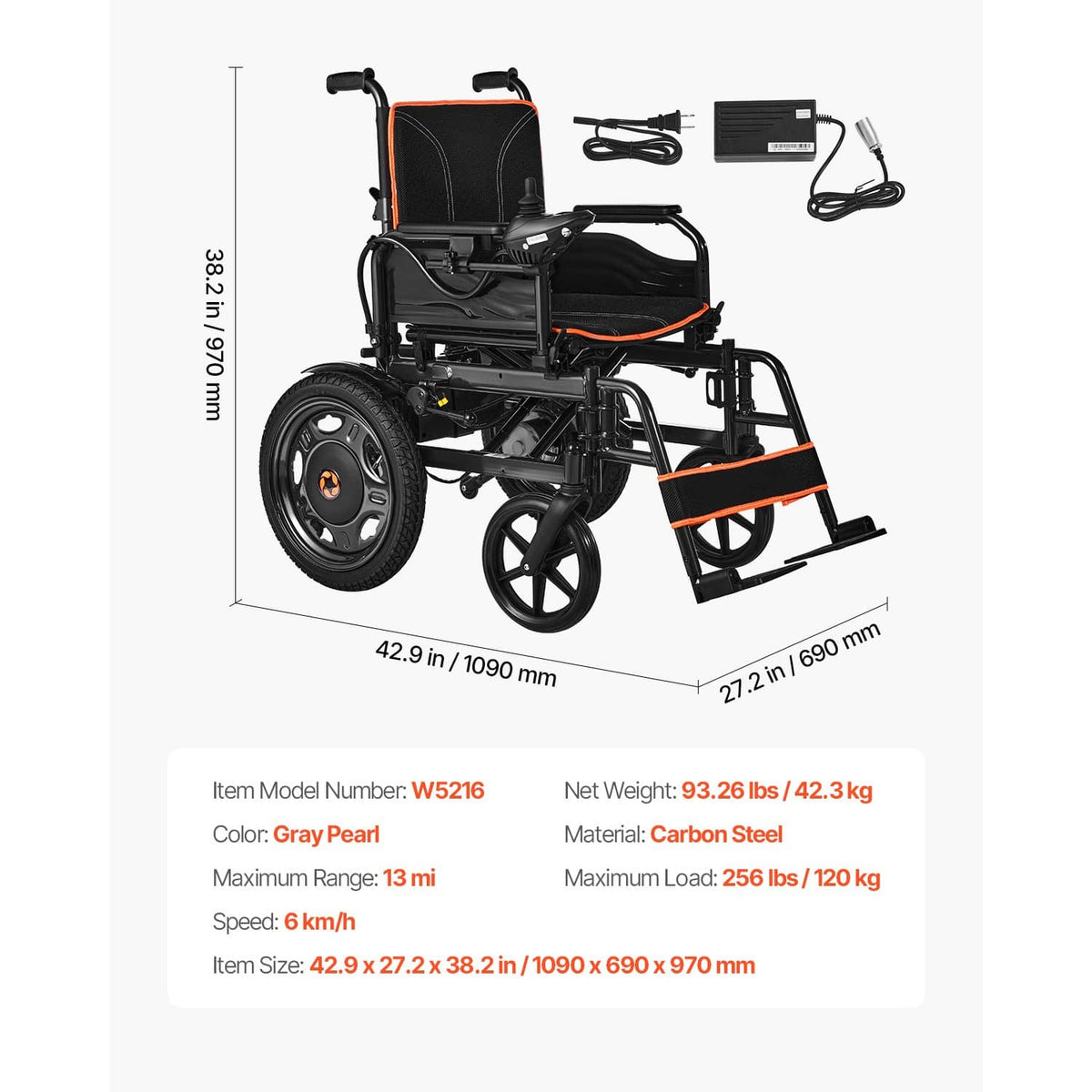 Electric wheelchair product diagram with dimensions, black seat and orange trim detail